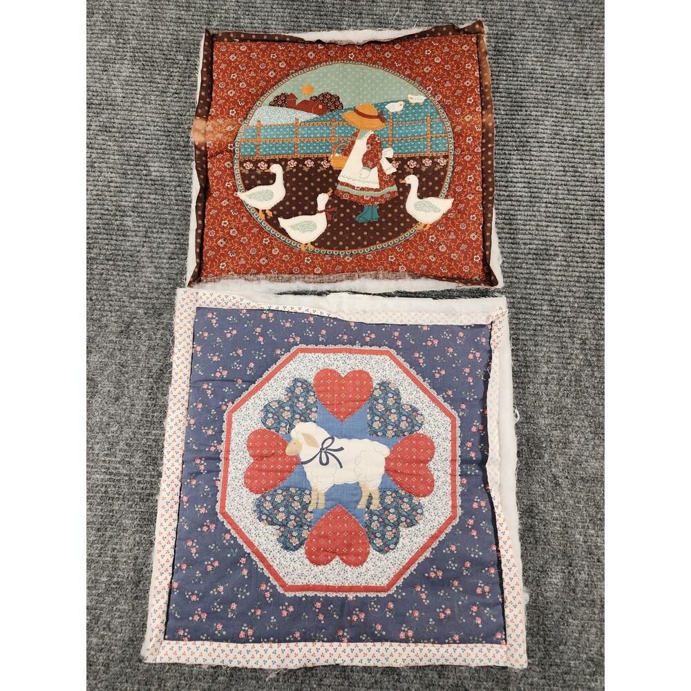 Vintage 1980's Set of 2 Homemade Unfinished Quilted Pillow Toppers/Quilt Squares